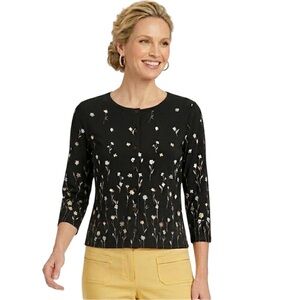 Liz Claiborne Women Floral Top Front Buttons Black Top Size Medium 3/4 Sleeves